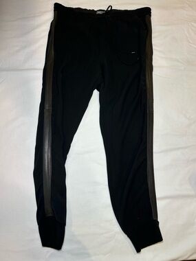 Vince Stylish Black Joggers with Leather Side Panels - Size Small